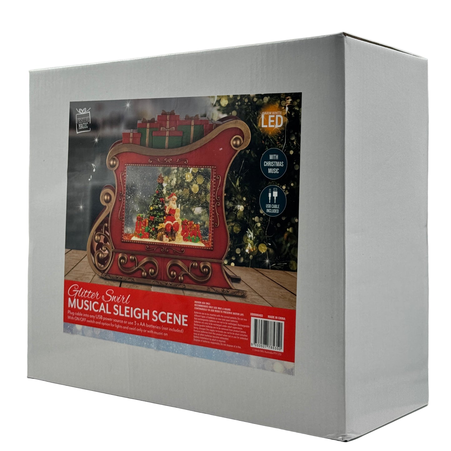 Glitter Swirl Musical Sleigh Scene LED Santa Christmas Decoration USB Battery Operated