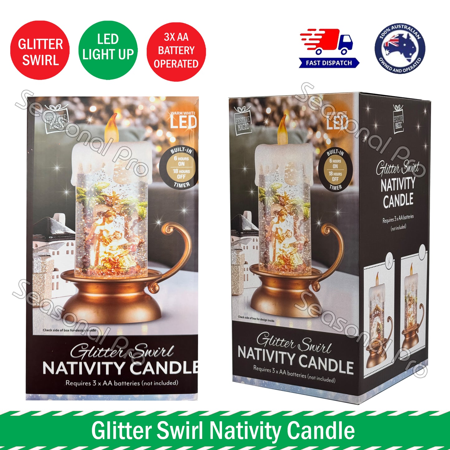 Glitter Swirl Nativity Candle Light Up LED Christmas Decoration Battery Operated