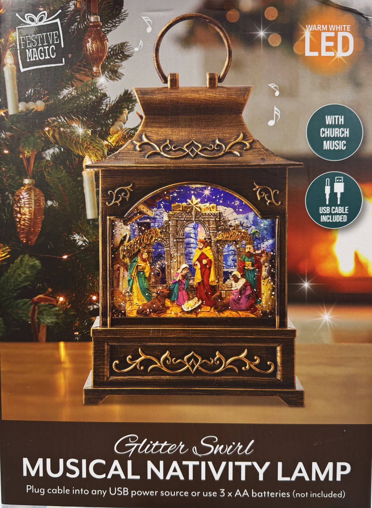 Glitter Swirl Musical Nativity Lamp Church Music Christmas USB / Battery Powered