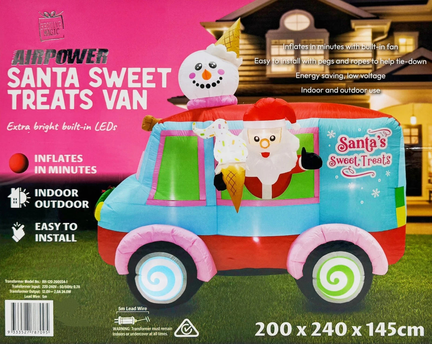 2.4m Santa Sweet Treats Van Inflatable Christmas Decoration Outdoor LED Lights