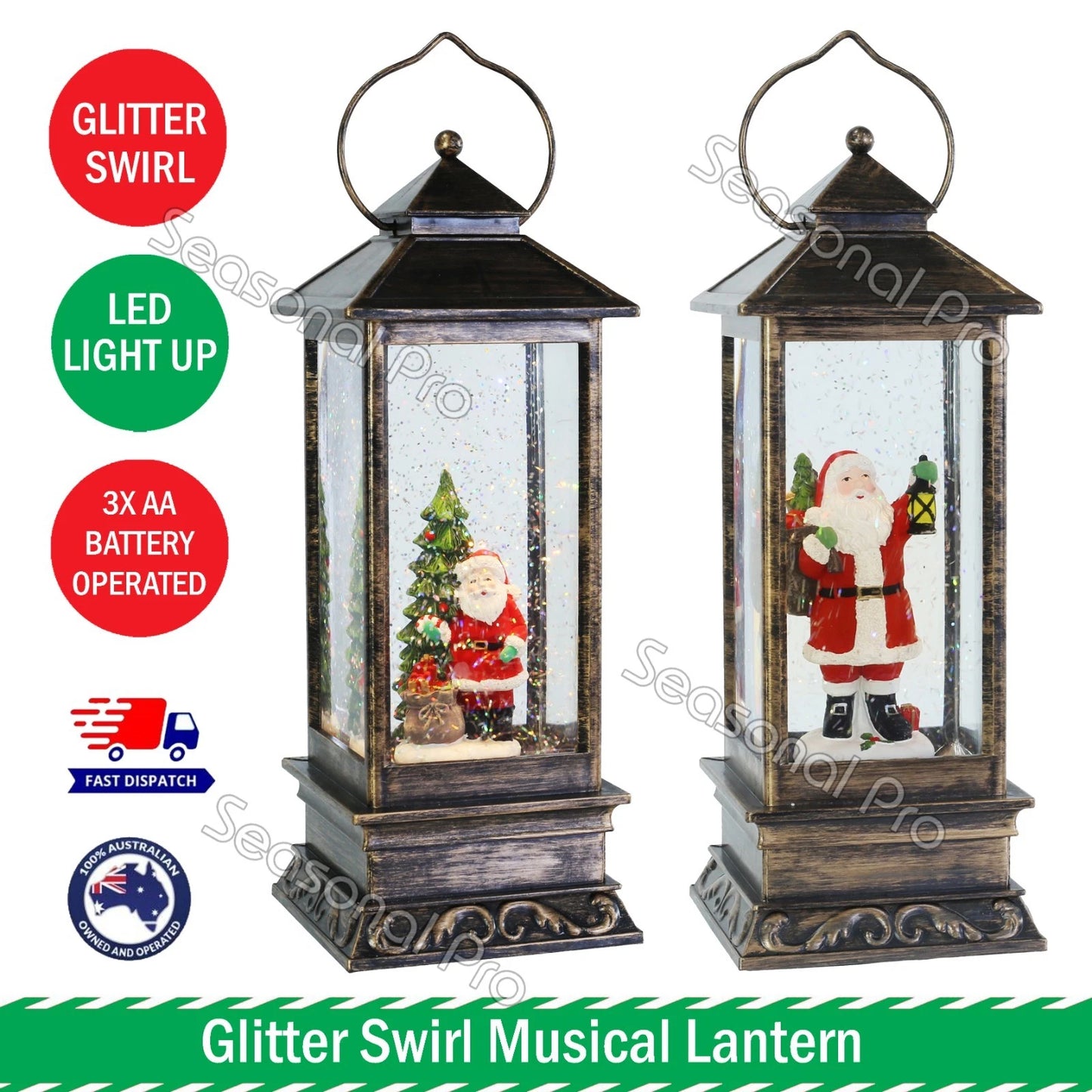32cm LED Glitter Swirl Musical Lantern Christmas Santa USB Battery Light Up Decoration