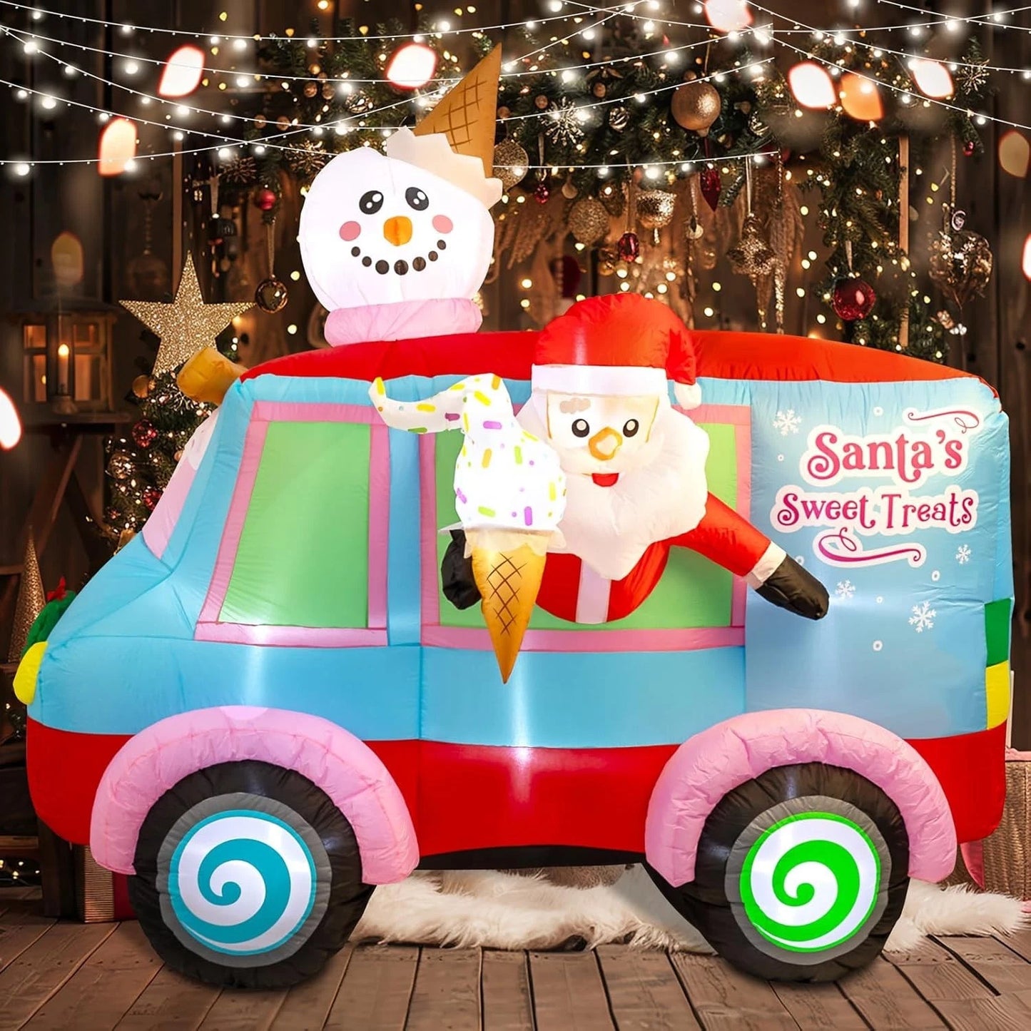 2.4m Santa Sweet Treats Van Inflatable Christmas Decoration Outdoor LED Lights