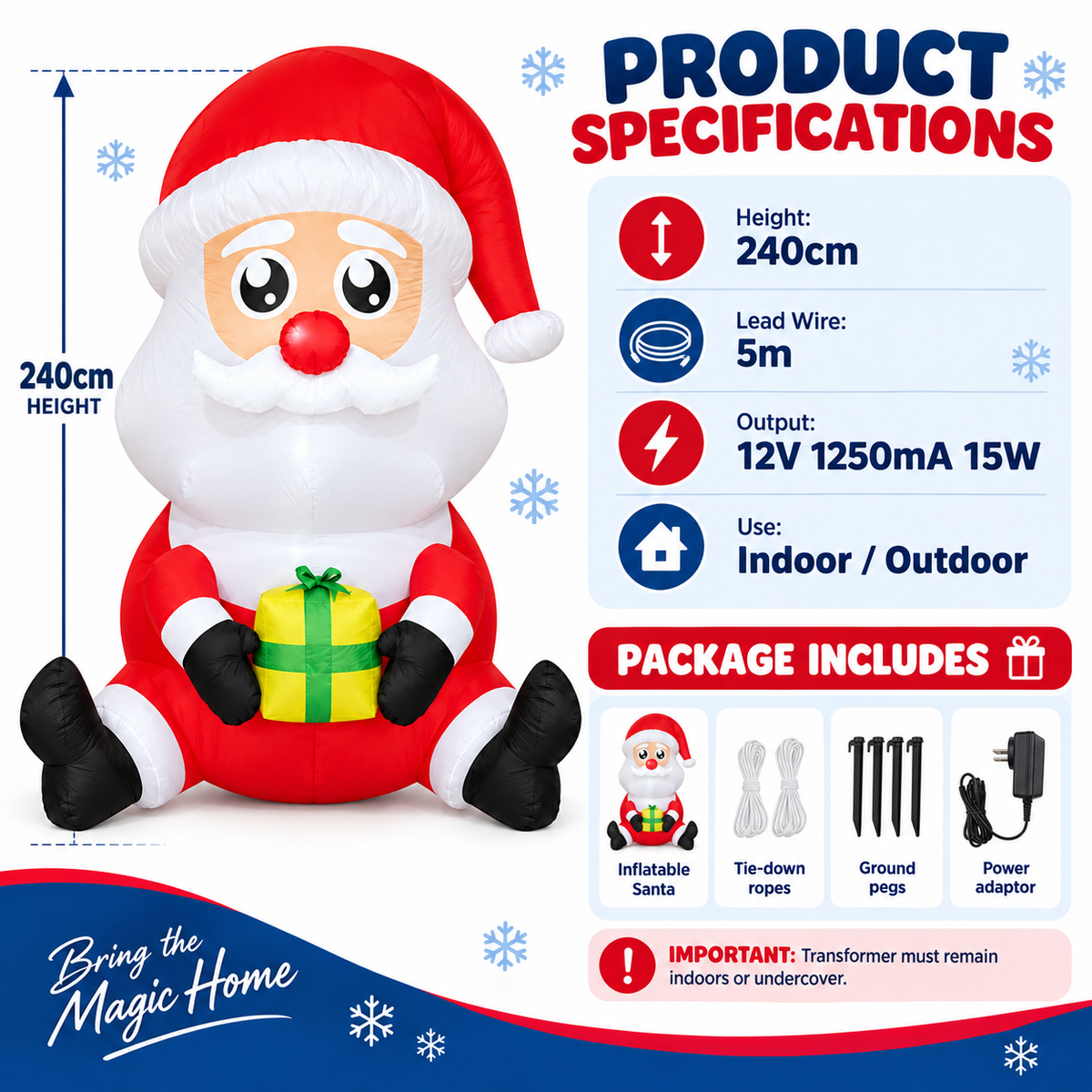 Festive Magic 240cm Inflatable Santa with LED Lights Christmas Outdoor Decoration