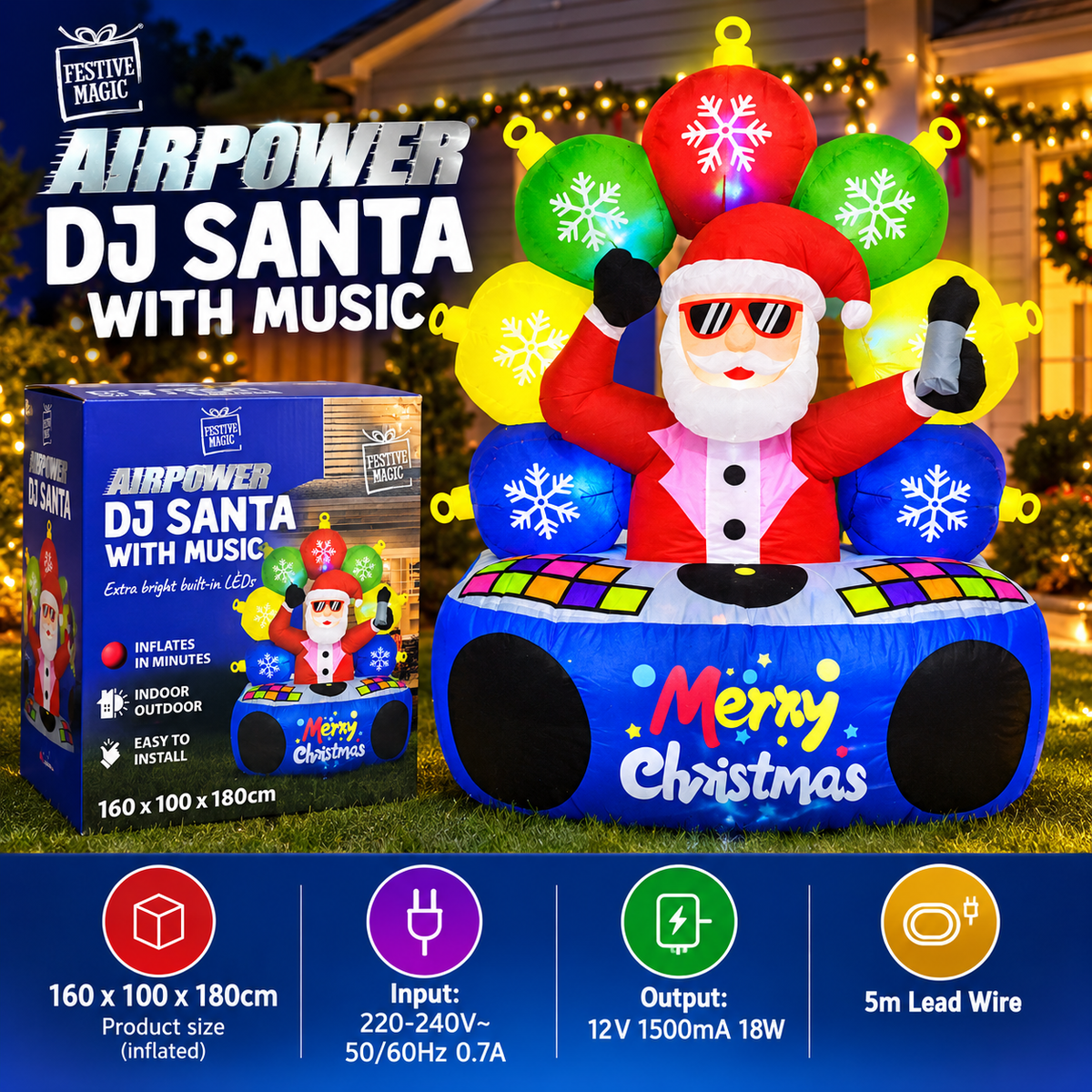 Inflatable DJ Santa with Music & LED Lights – Christmas Decoration