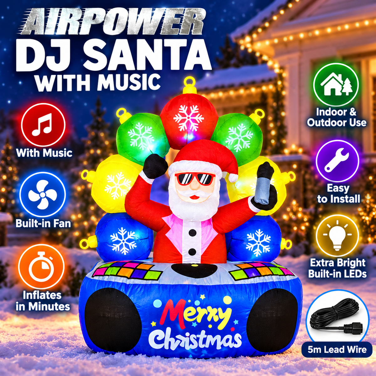 Inflatable DJ Santa with Music & LED Lights – Christmas Decoration