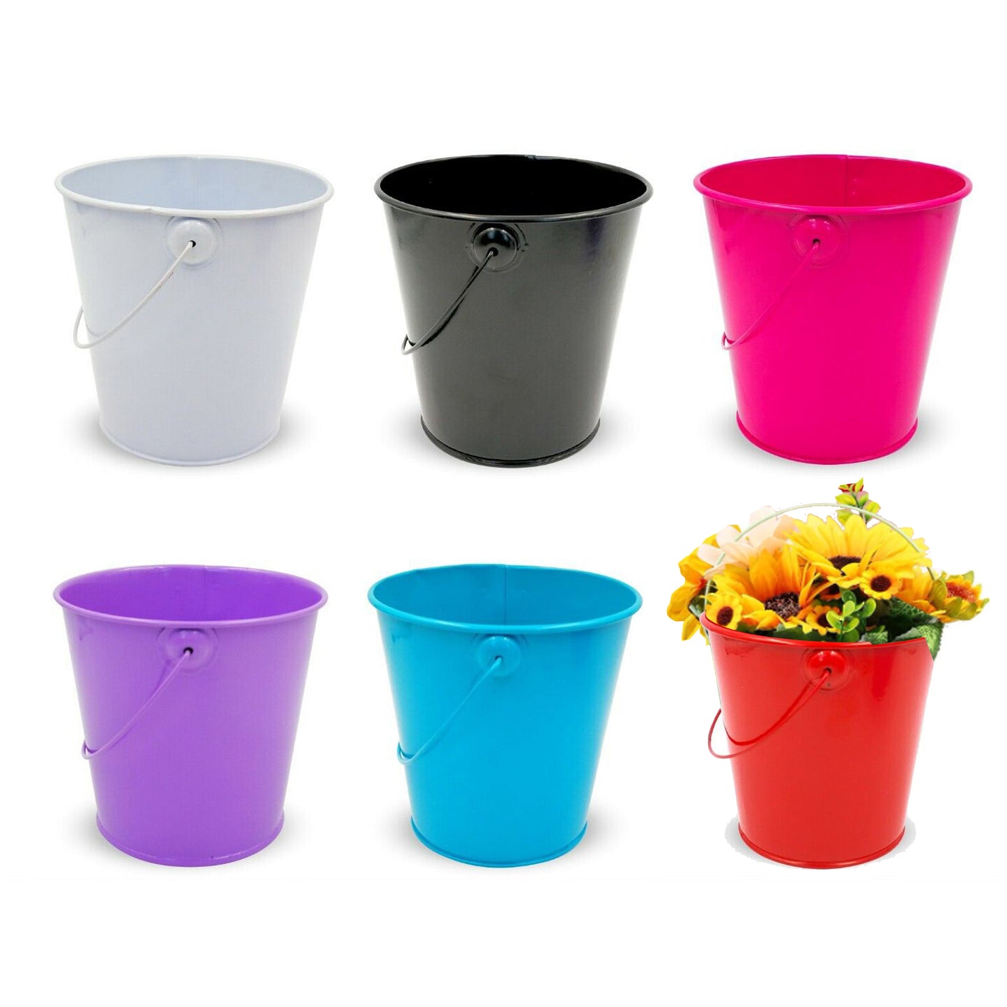 6PACK Vivid Coloured Metal Easter Buckets with Handle -12cm-