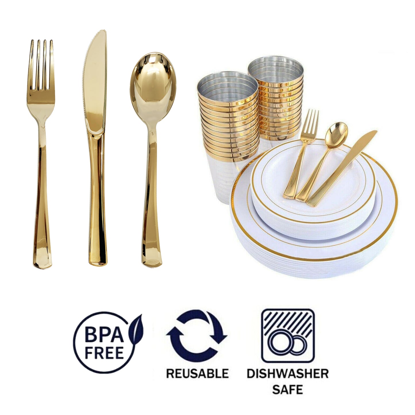 Reusable Metallic Gold Plastic Cutlery Set BULK