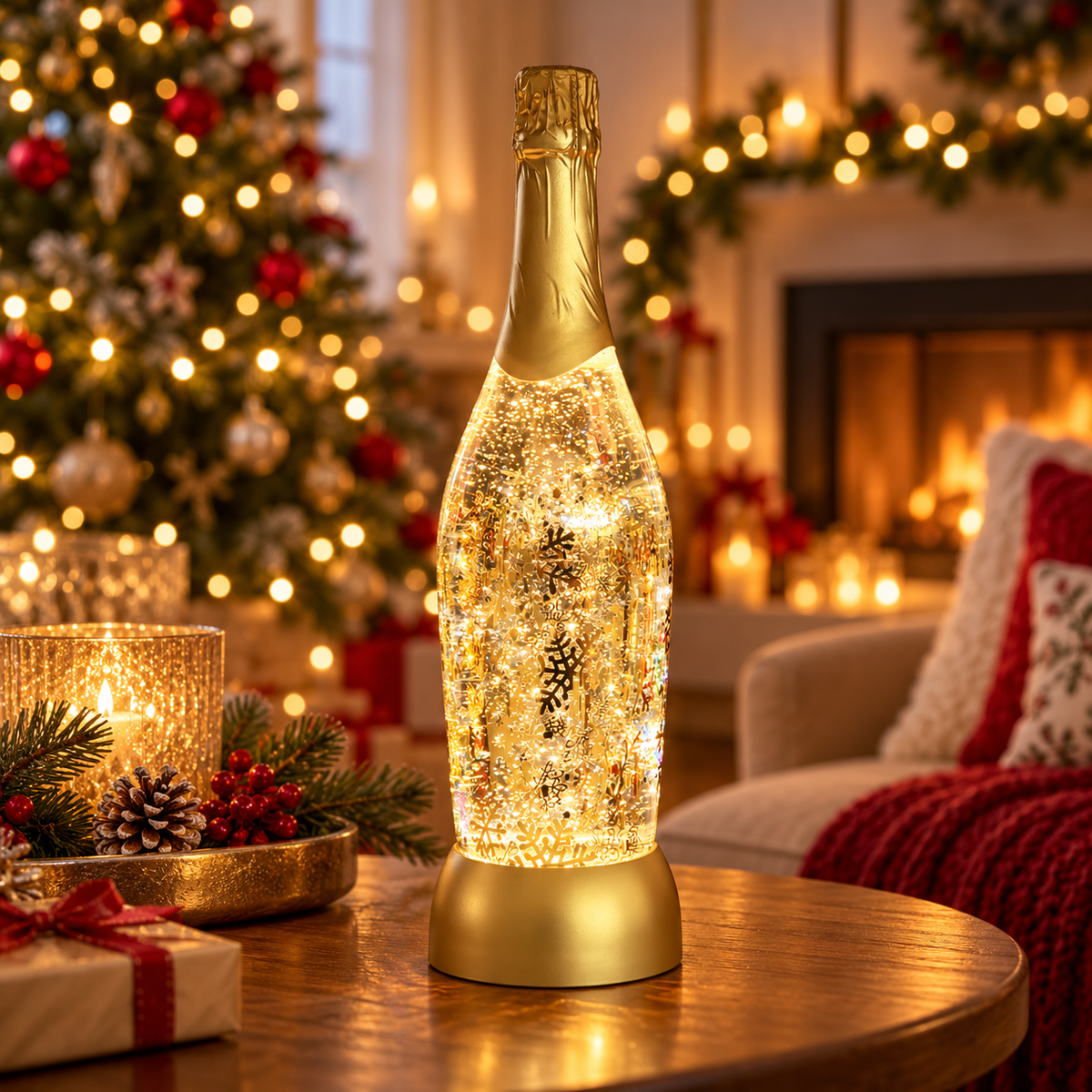 Glitter Swirl Champagne Bottle LED Light Warm White USB/Battery Christmas Decor – 3 Colours available