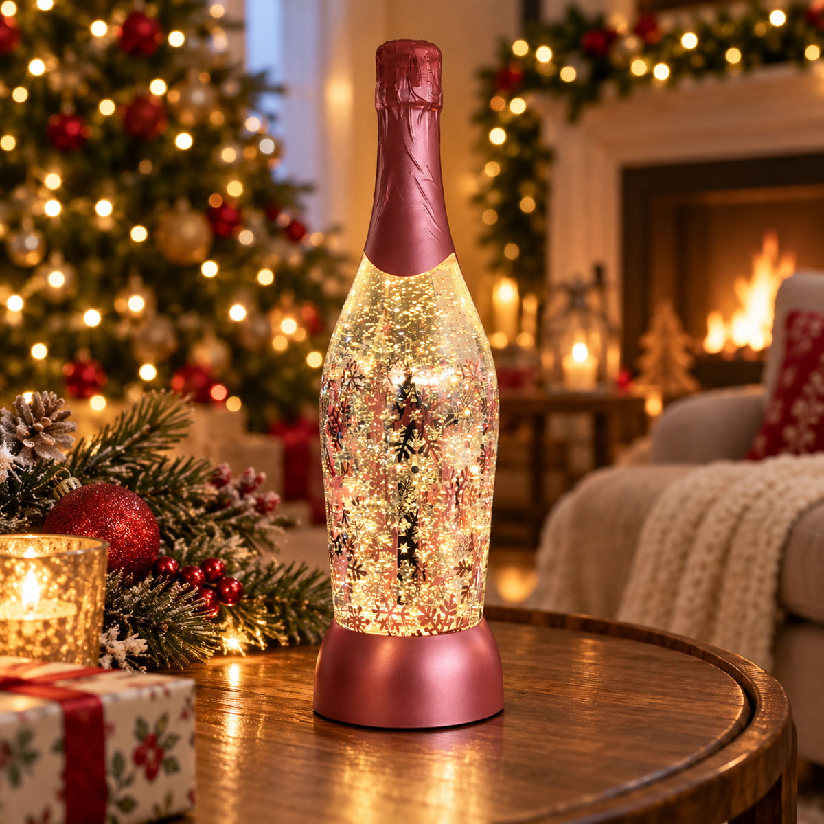 Glitter Swirl Champagne Bottle LED Light Warm White USB/Battery Christmas Decor – 3 Colours available