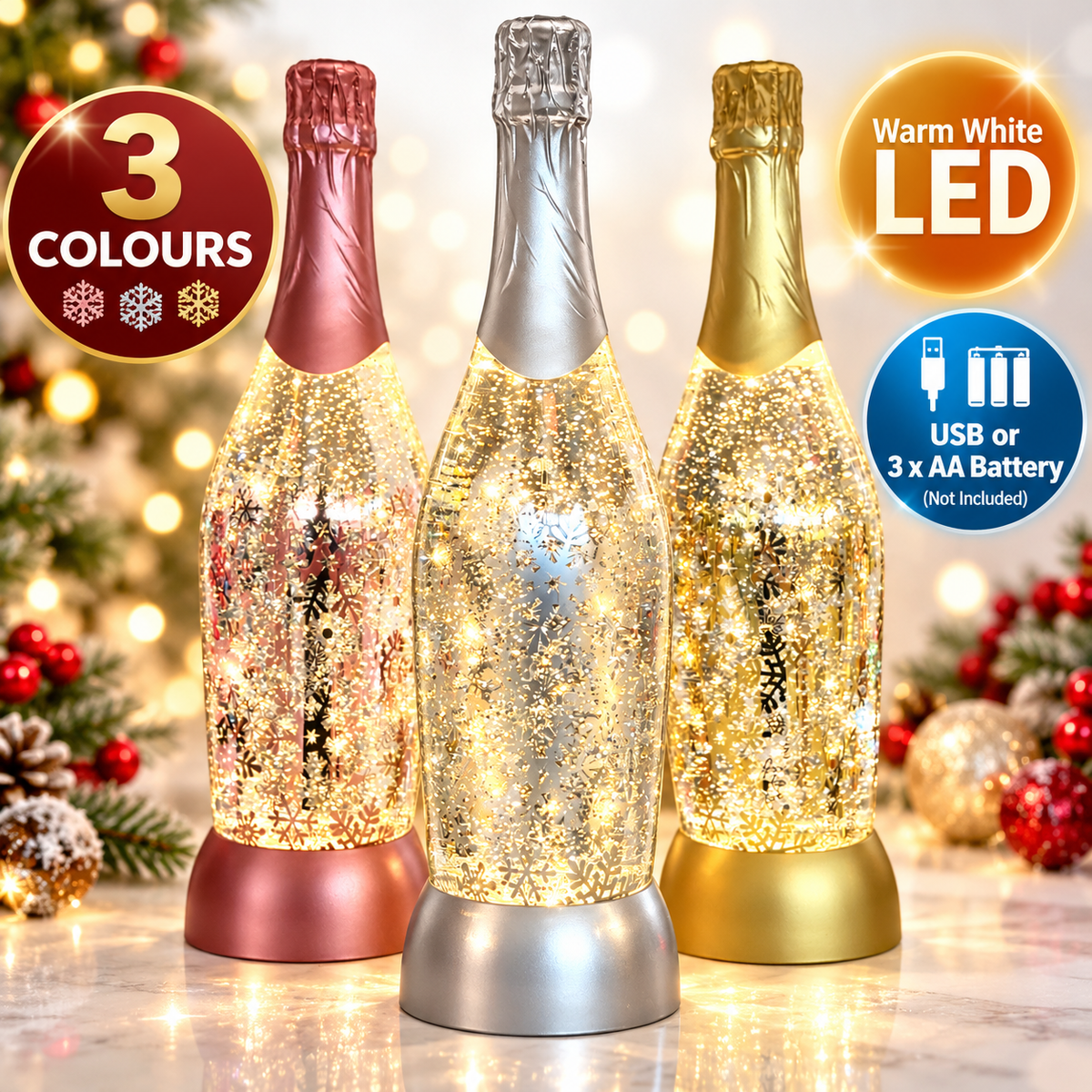 Glitter Swirl Champagne Bottle LED Light Warm White USB/Battery Christmas Decor – 3 Colours available