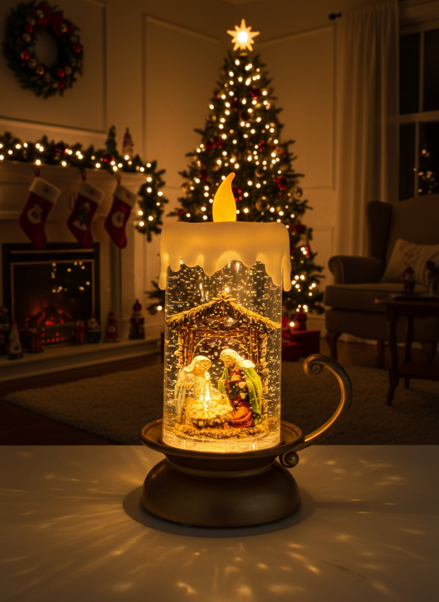 Glitter Swirl Nativity Candle Light Up LED Christmas Decoration Battery Operated