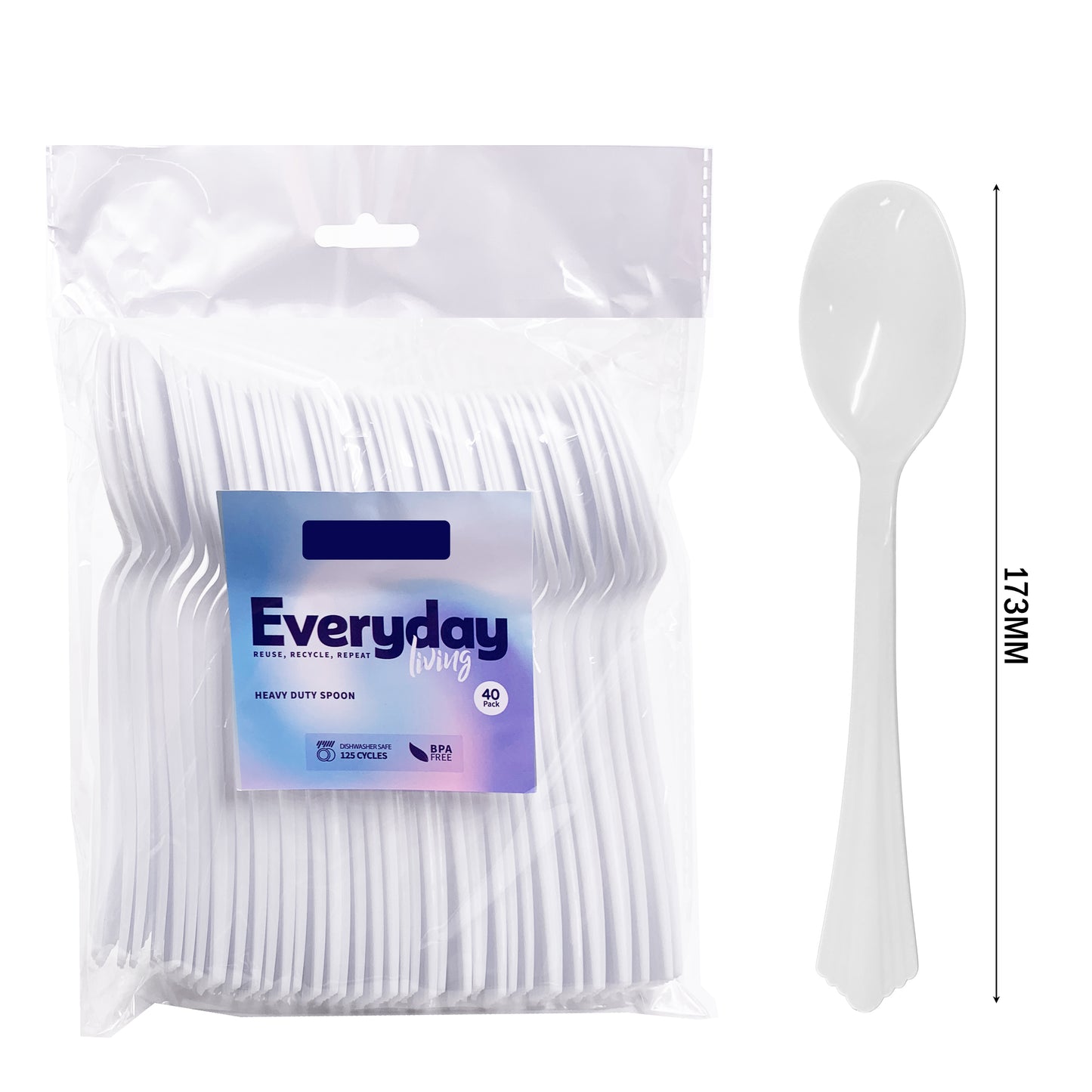 40 X Reusable White Plastic Spoons Clam-Edge