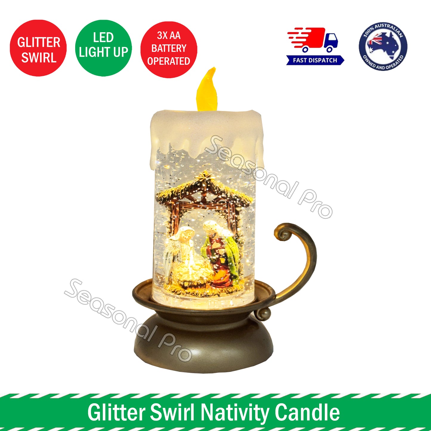 Glitter Swirl Nativity Candle Light Up LED Christmas Decoration Battery Operated