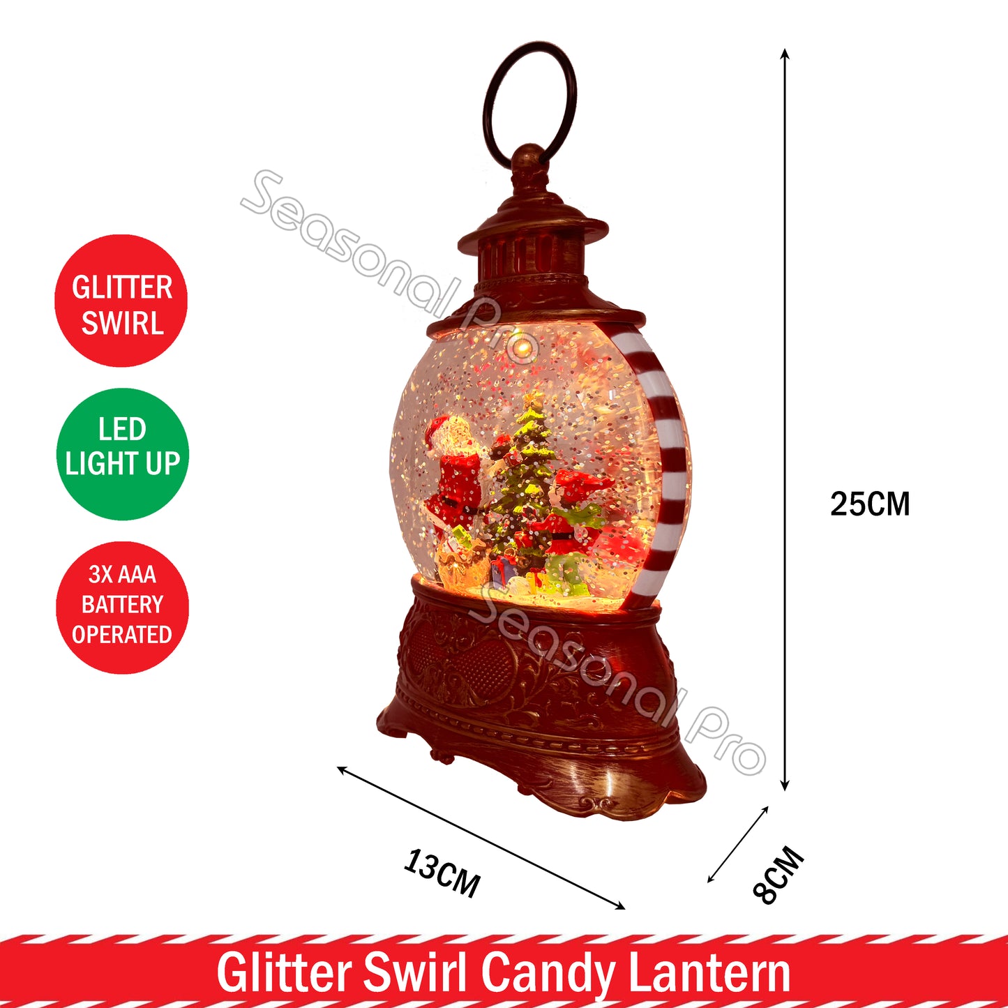 Glitter Swirl Lantern Snow Globe Christmas Elf Santa Tree LED Light Decoration
