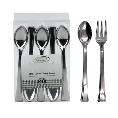 Mini Plastic Dessert Spoons & Forks Metallic Silver