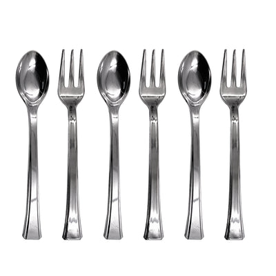 Mini Plastic Dessert Spoons & Forks Metallic Silver