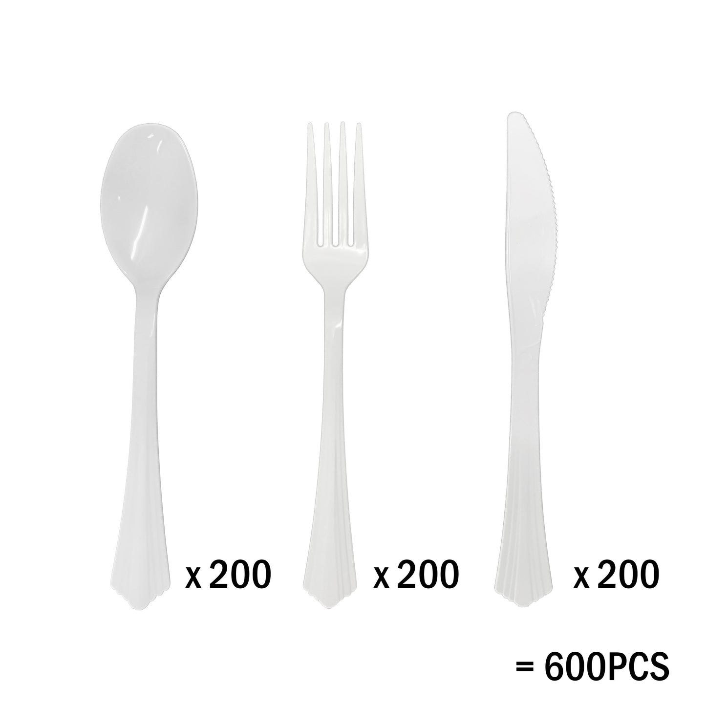 Reusable White Clam-Edge Plastic Cutlery Set