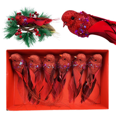 6pcs Red Glitter Birds Clip Christmas Ornaments