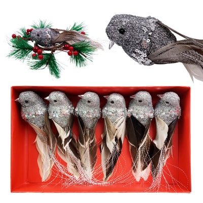 6pcs Silver Glitter Birds Clip Christmas Ornaments