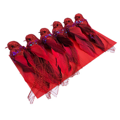 6pcs Red Glitter Birds Clip Christmas Ornaments