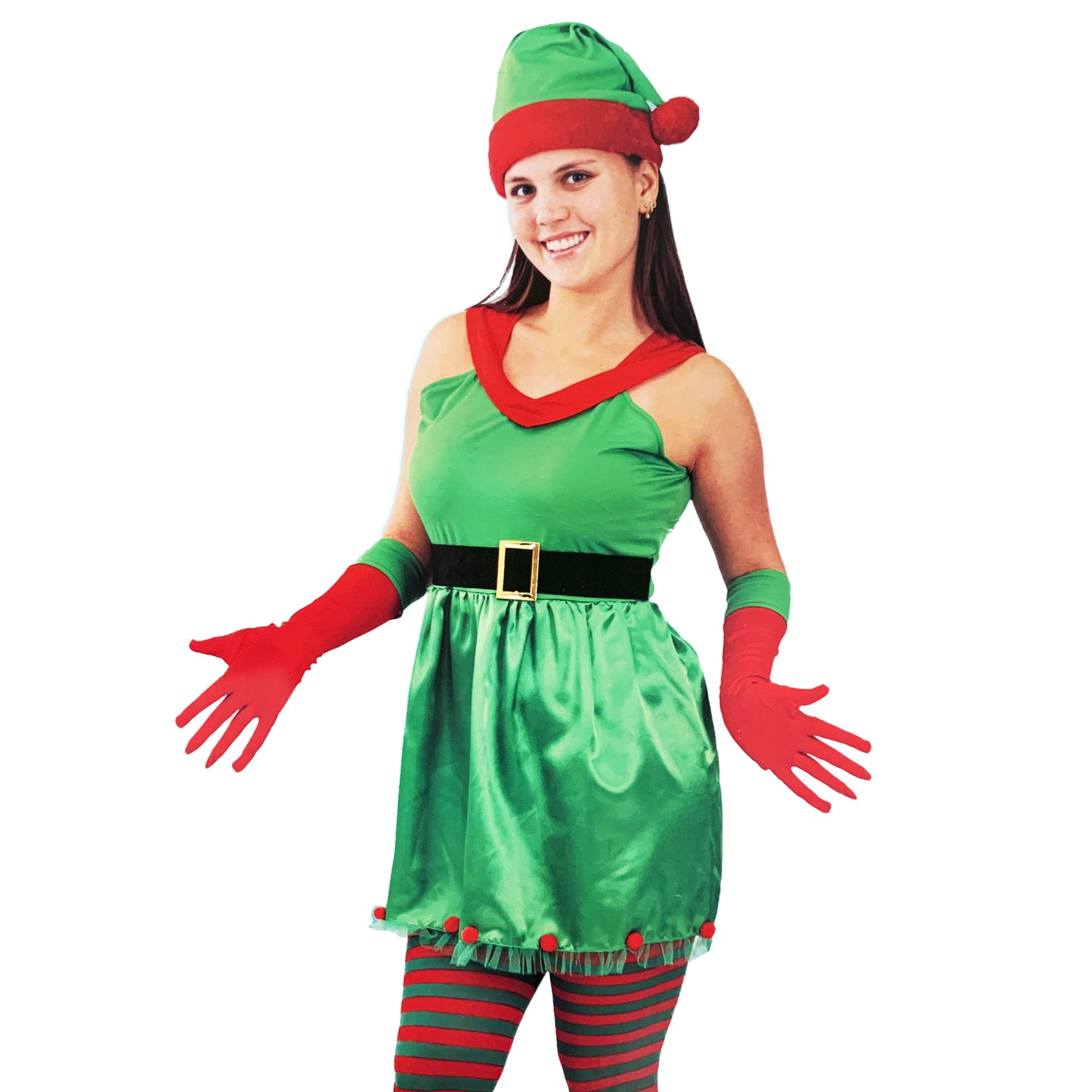 Women Summer Christmas Elf Costume Dress Set - Green-