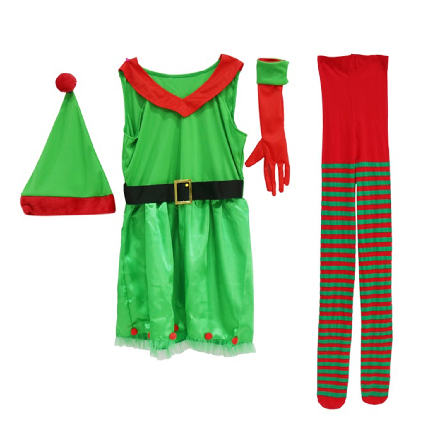 Women Summer Christmas Elf Costume Dress Set - Green-