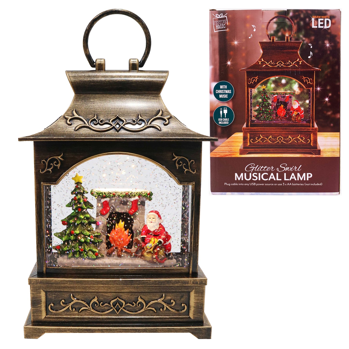 Christmas Light Up Glitter Musical Lamp - Santa -