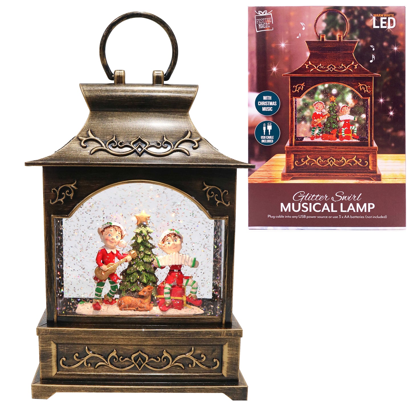 Christmas Light Up Glitter Musical Lamp - Elves -