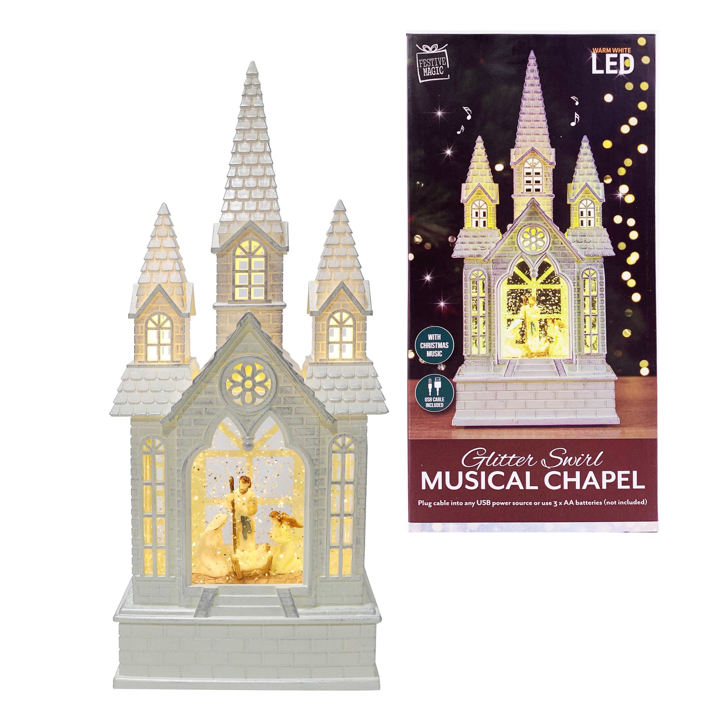 Christmas Light Up Musical Chapel - White -