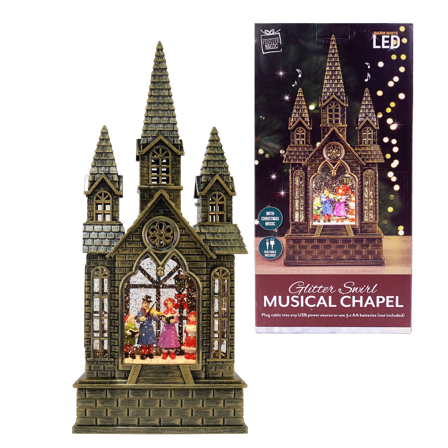 Christmas Light Up Musical Chapel - Bronze -