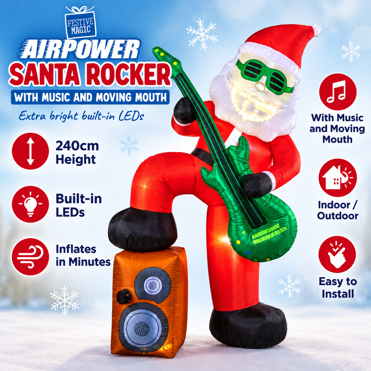 240cm Inflatable Santa Rocker with LED Lights, Music & Moving Mouth