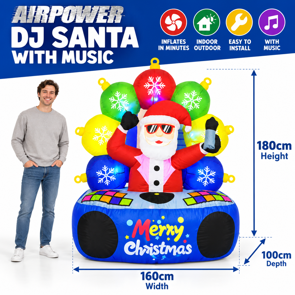 Inflatable DJ Santa with Music & LED Lights – Christmas Decoration