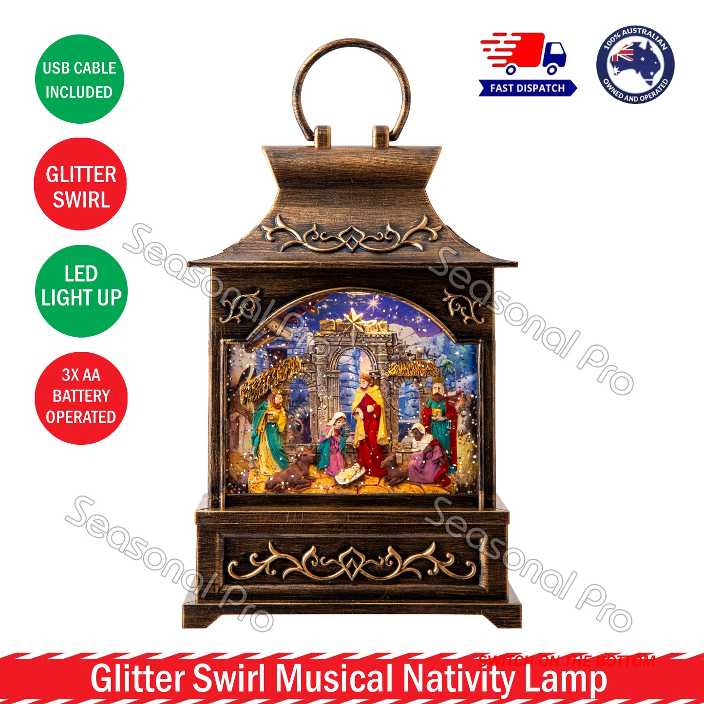 Glitter Swirl Musical Nativity Lamp Church Music Christmas USB / Battery Powered