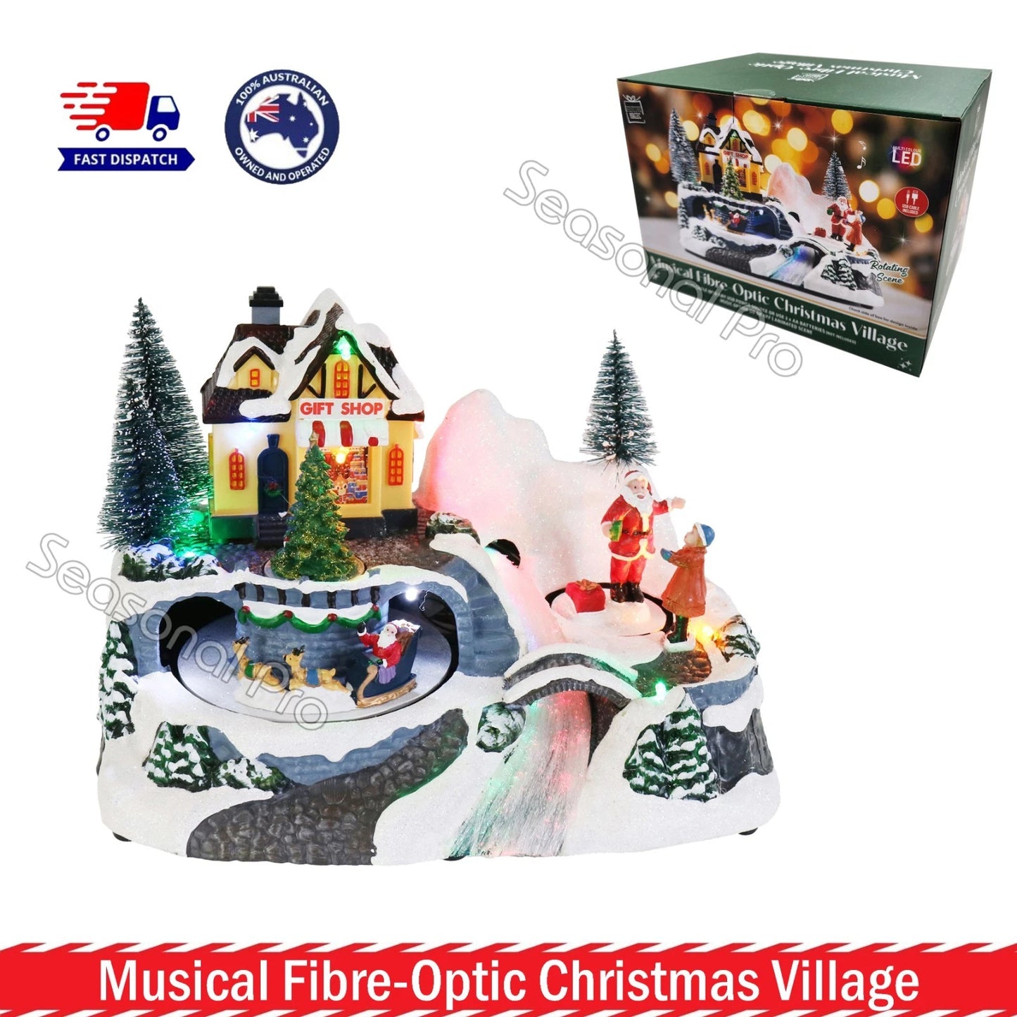 Musical Fibre Optic Christmas Village LED Light Up Animated Santa Sleigh / Train