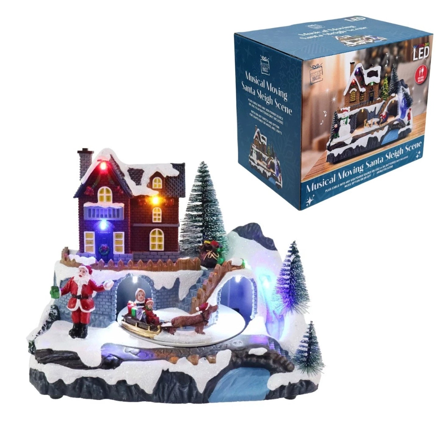 Batteries / USB LED Musical Moving Santa Sled Christmas House Scene 3 Options