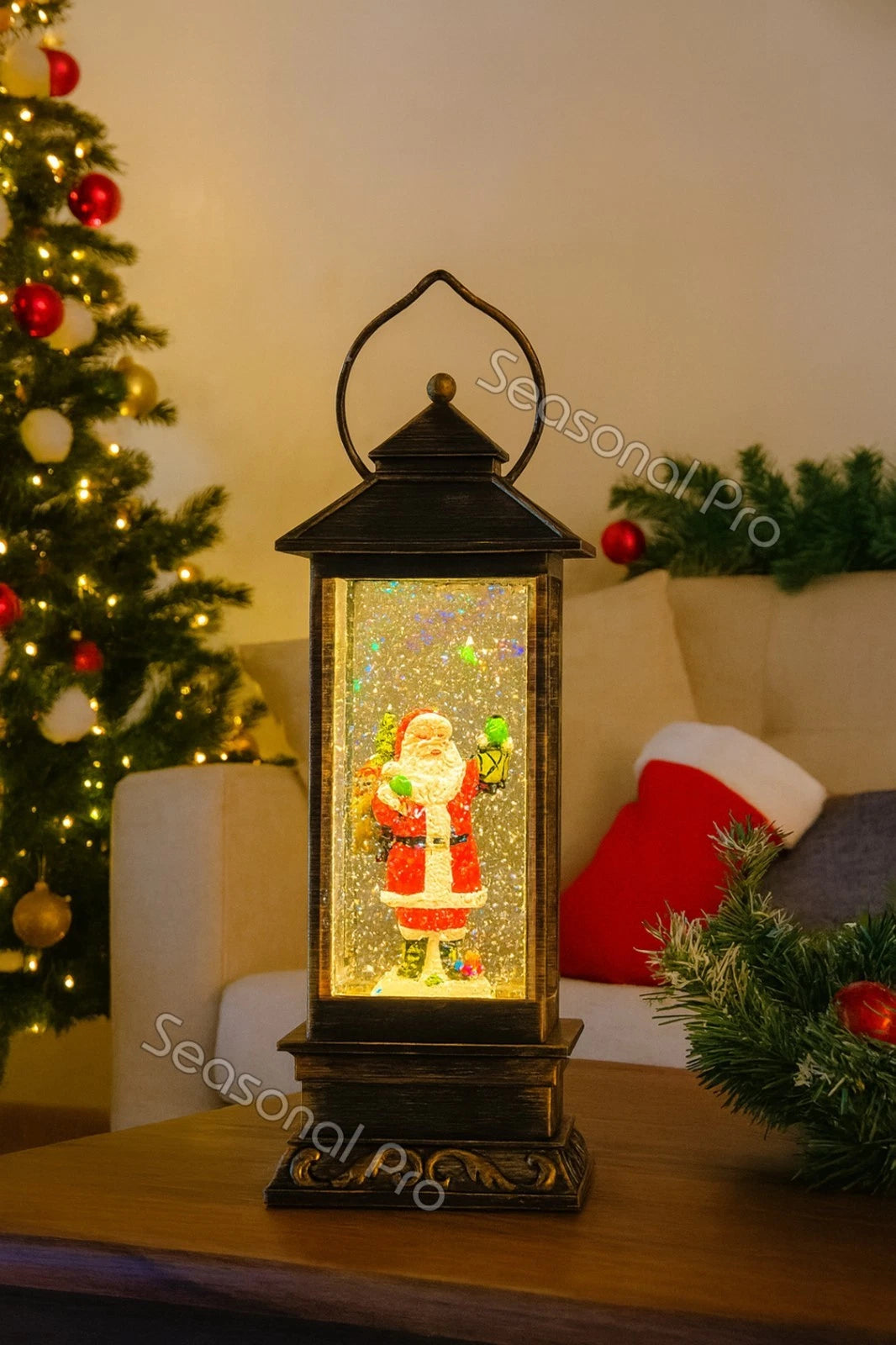 32cm LED Glitter Swirl Musical Lantern Christmas Santa USB Battery Light Up Decoration