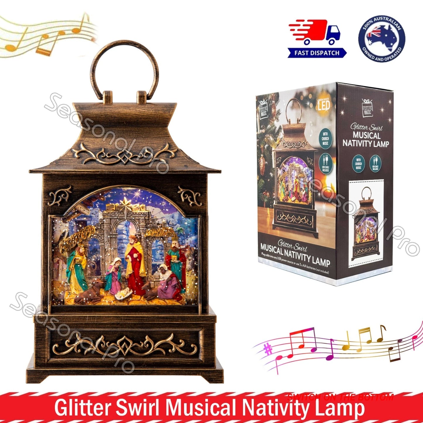 Glitter Swirl Musical Nativity Lamp Church Music Christmas USB / Battery Powered