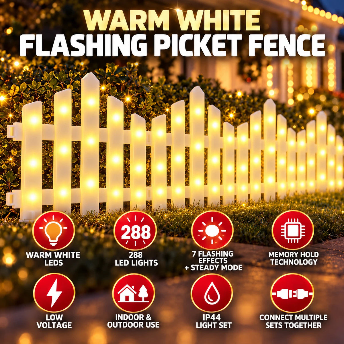 2.8m 288 LED Multicolour Picket Fence Christmas Lights - 8 Piece Set