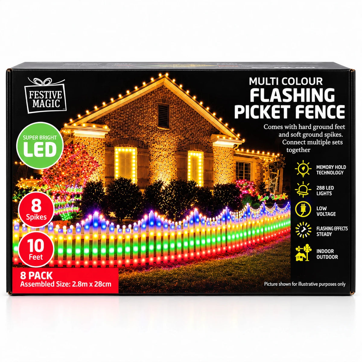 2.8m 288 LED Multicolour Picket Fence Christmas Lights - 8 Piece Set