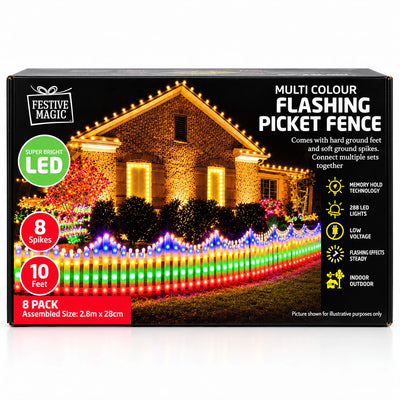 2.8m 288 LED Multicolour Picket Fence Christmas Lights - 8 Piece Set