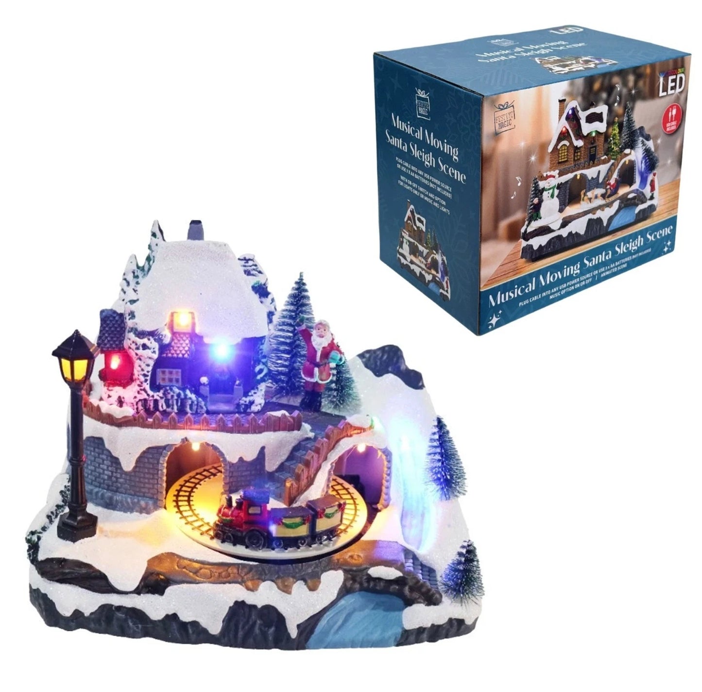 Batteries / USB LED Musical Moving Santa Sled Christmas House Scene 3 Options