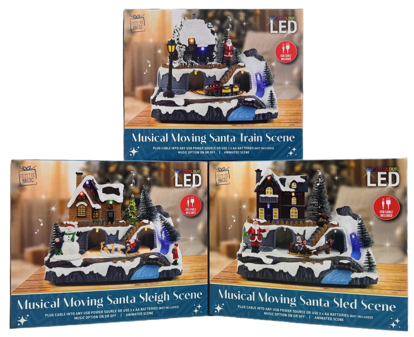 Batteries / USB LED Musical Moving Santa Sled Christmas House Scene 3 Options