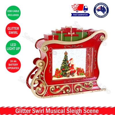 Glitter Swirl Musical Sleigh Scene LED Santa Christmas Decoration USB Battery Operated