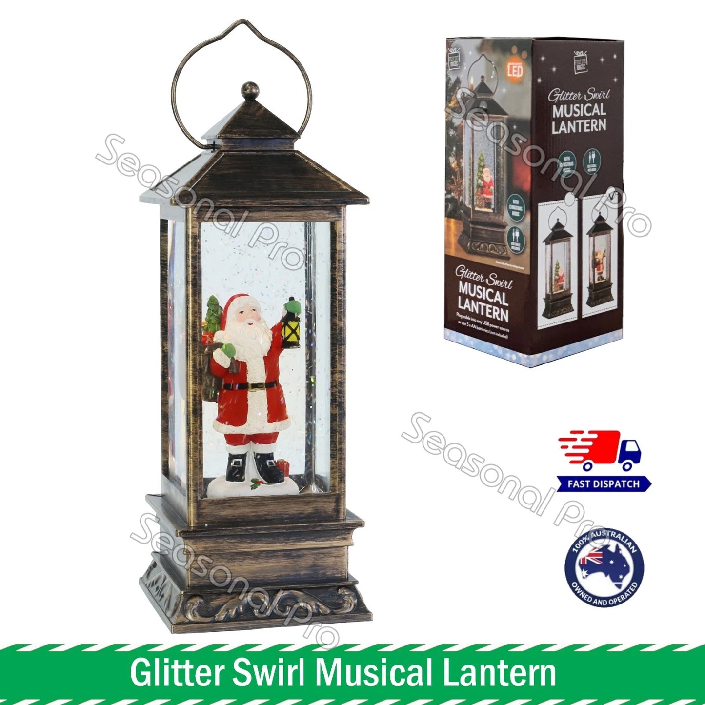 32cm LED Glitter Swirl Musical Lantern Christmas Santa USB Battery Light Up Decoration
