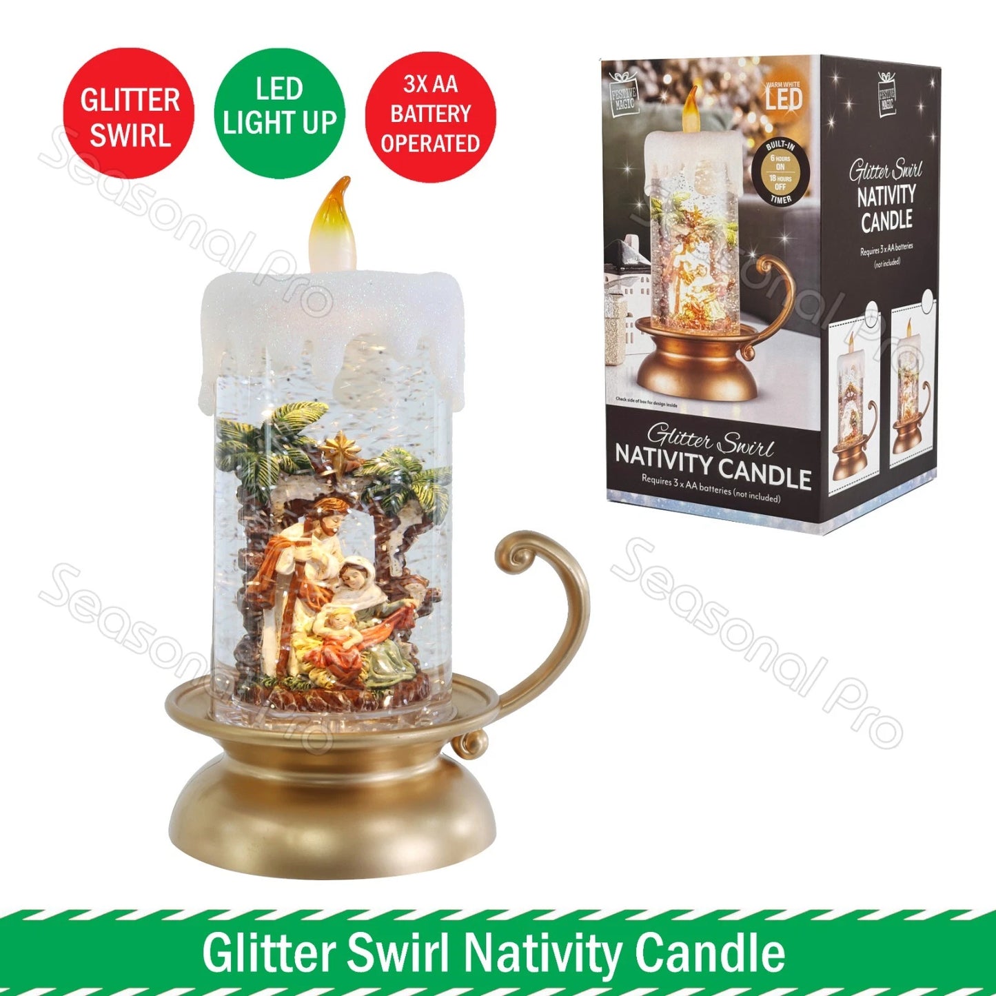Glitter Swirl Nativity Candle Light Up LED Christmas Decoration Battery Operated
