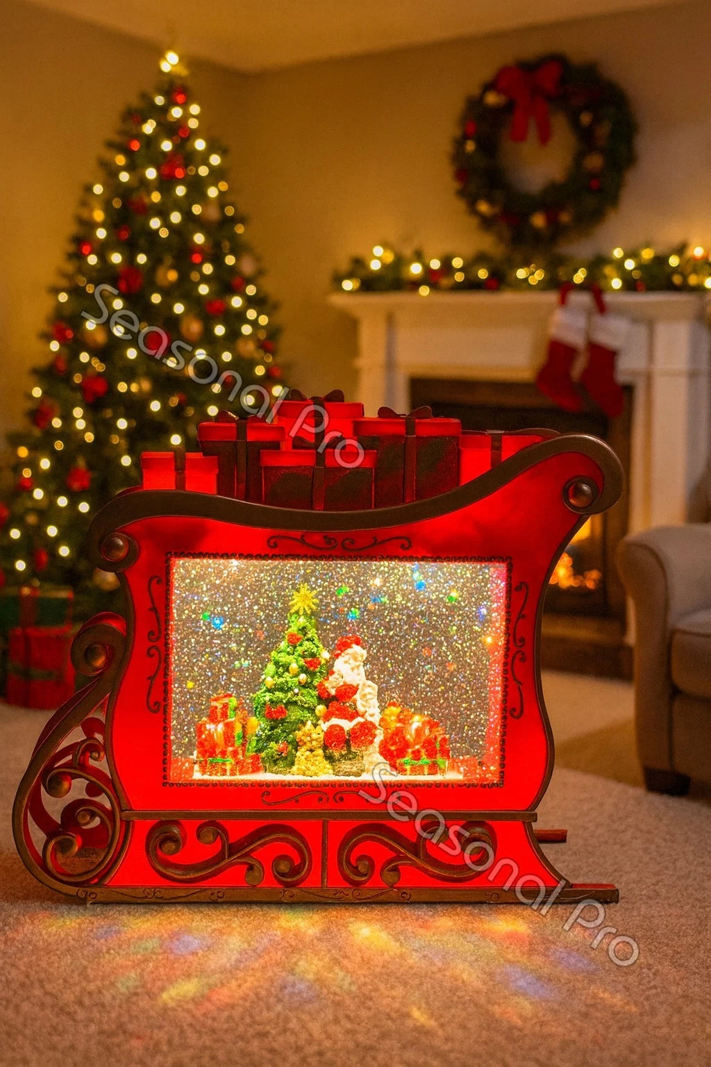 Glitter Swirl Musical Sleigh Scene LED Santa Christmas Decoration USB Battery Operated