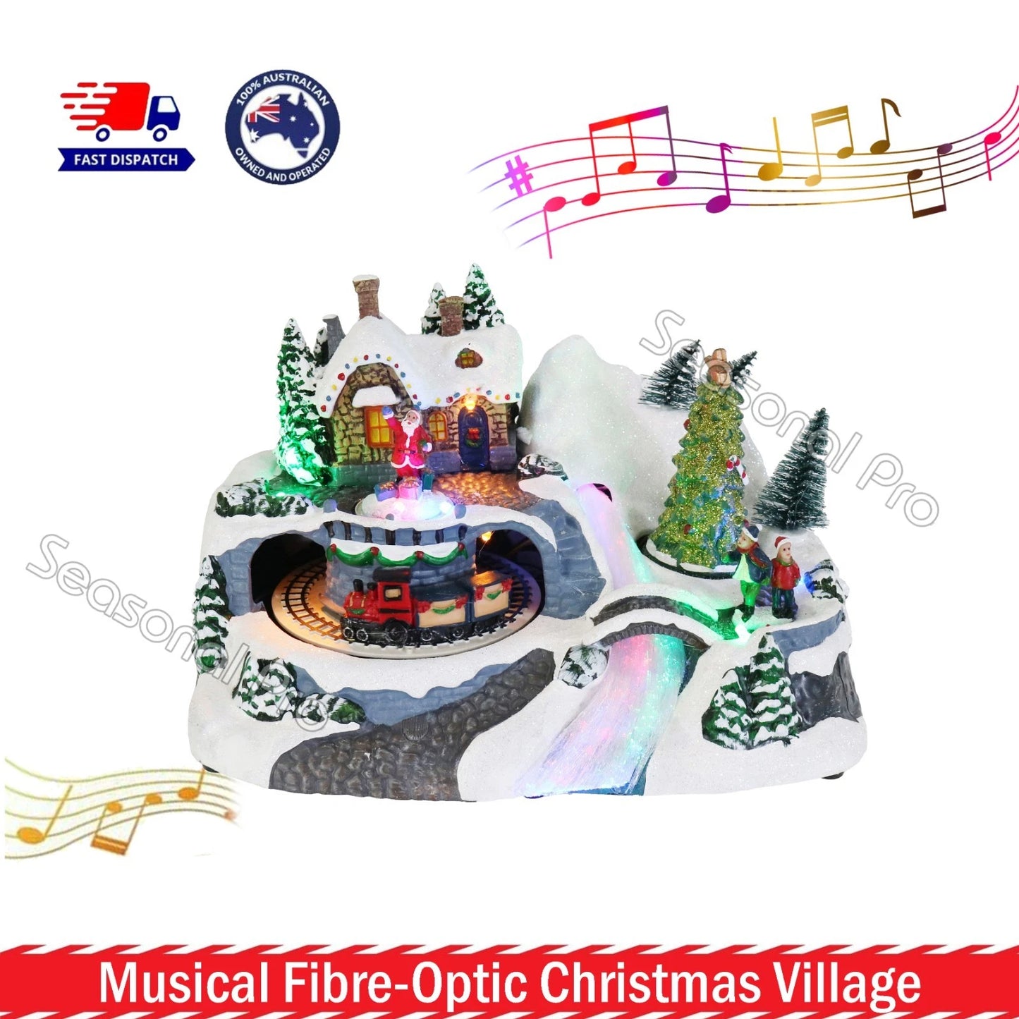 Musical Fibre Optic Christmas Village LED Light Up Animated Santa Sleigh / Train