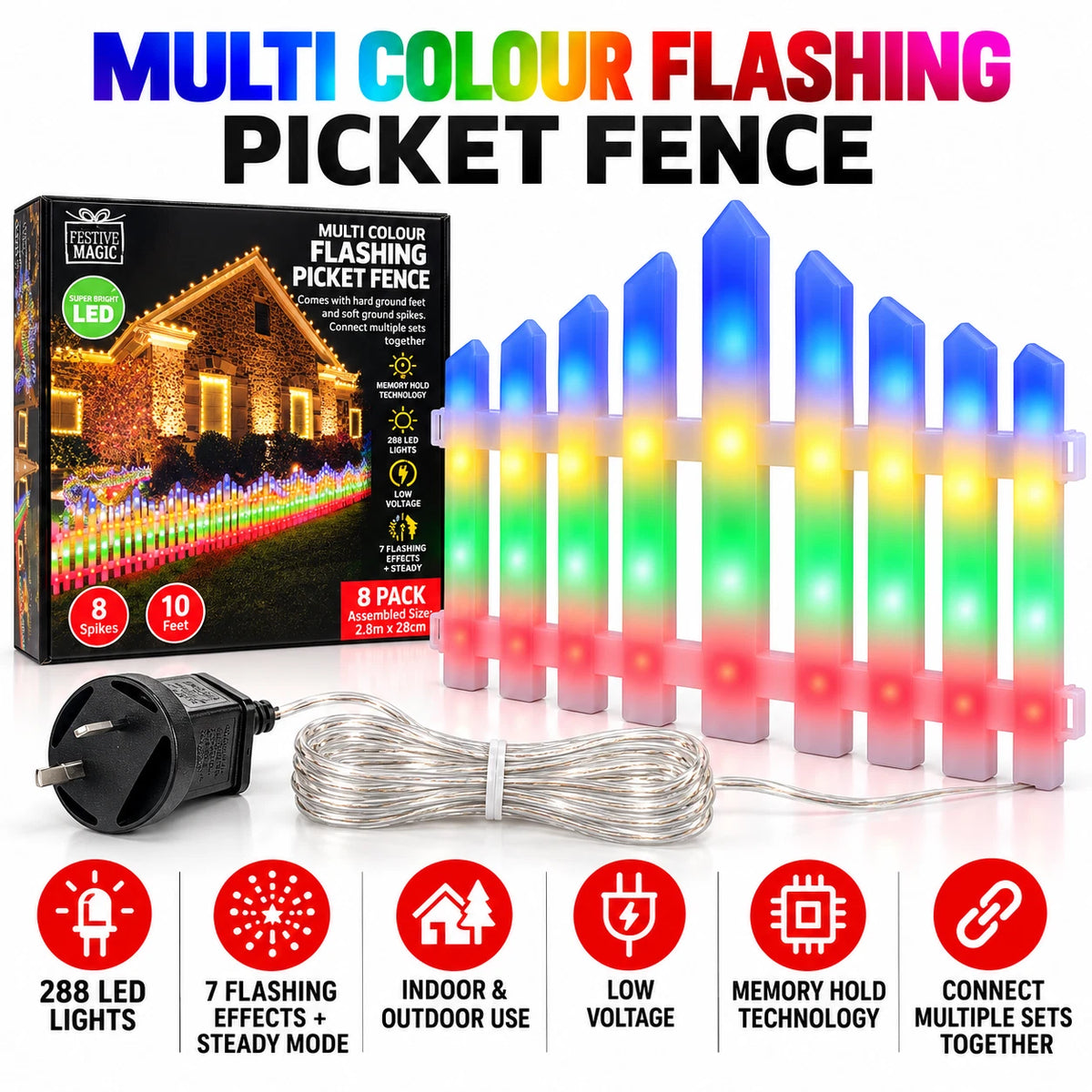 2.8m 288 LED Multicolour Picket Fence Christmas Lights - 8 Piece Set