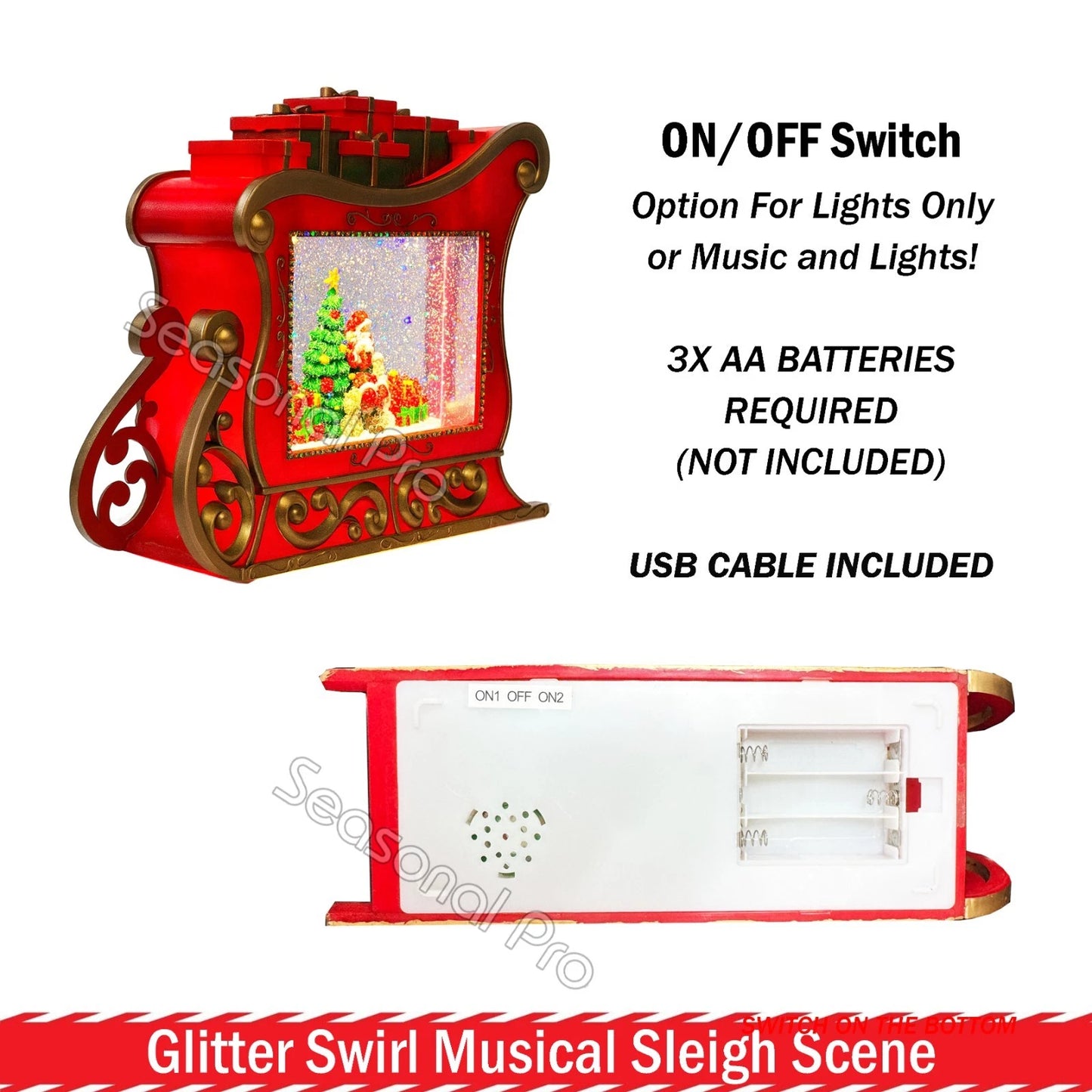 Glitter Swirl Musical Sleigh Scene LED Santa Christmas Decoration USB Battery Operated