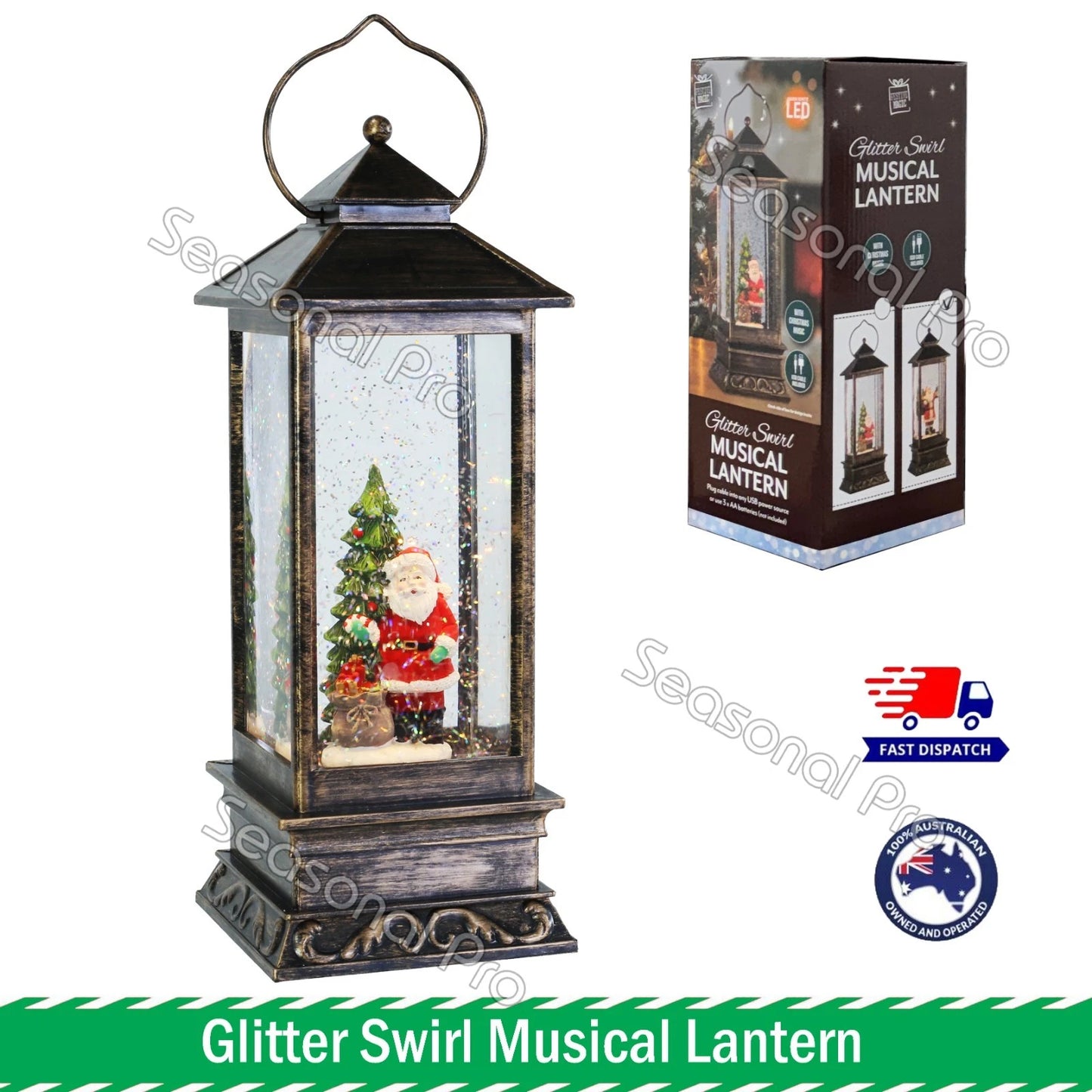 32cm LED Glitter Swirl Musical Lantern Christmas Santa USB Battery Light Up Decoration